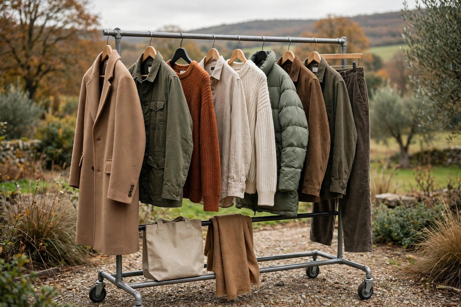 A curated rail of clothing from different fashion brands in neutral and seasonal colours.