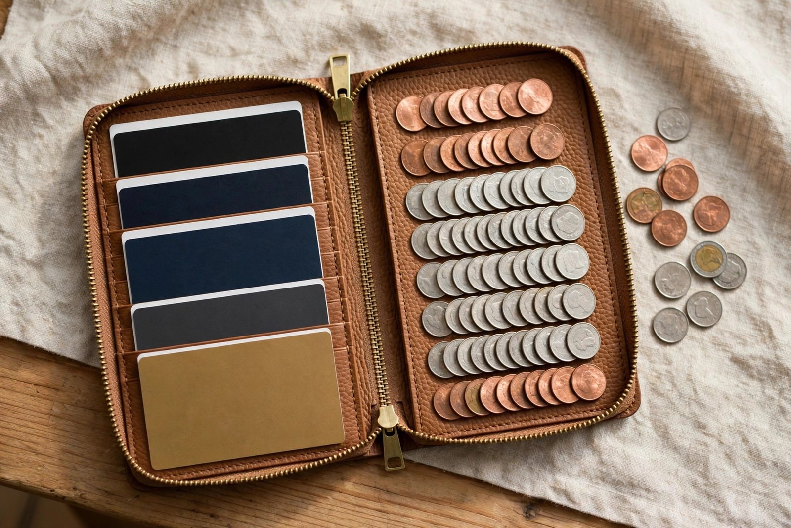A stylish zipper card holder in leather with cards and coins neatly organised inside.
