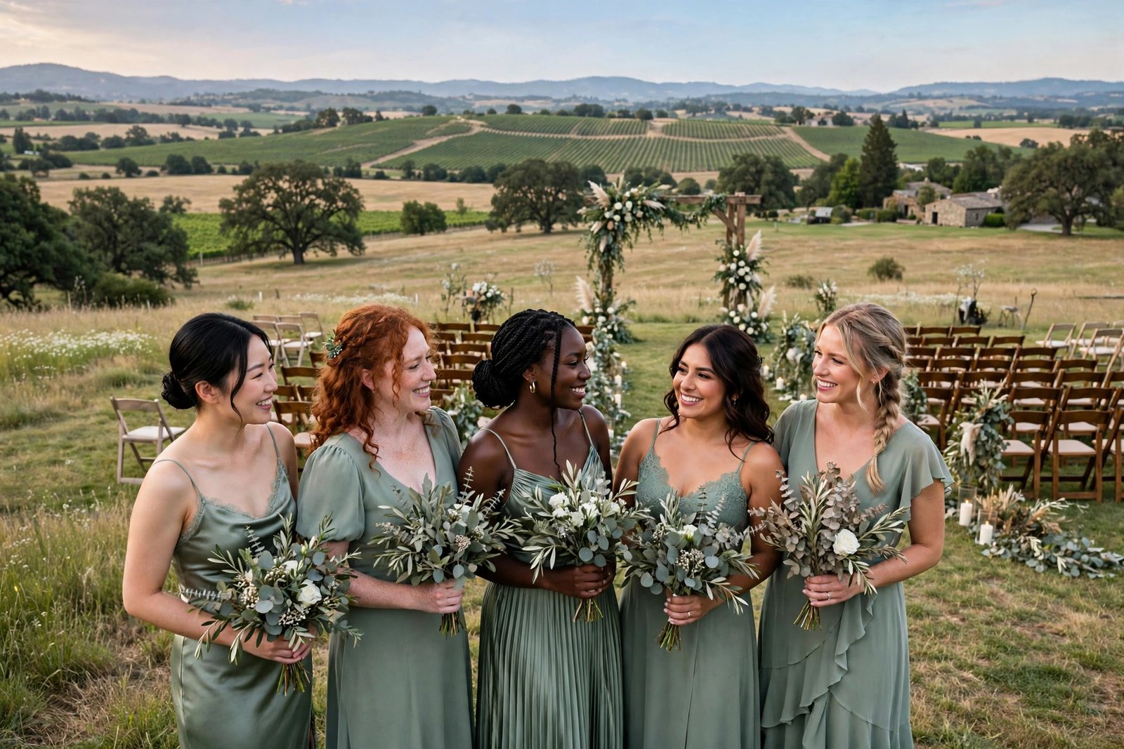 Bridesmaids wearing elegant sage green dresses at an outdoor wedding ceremony.