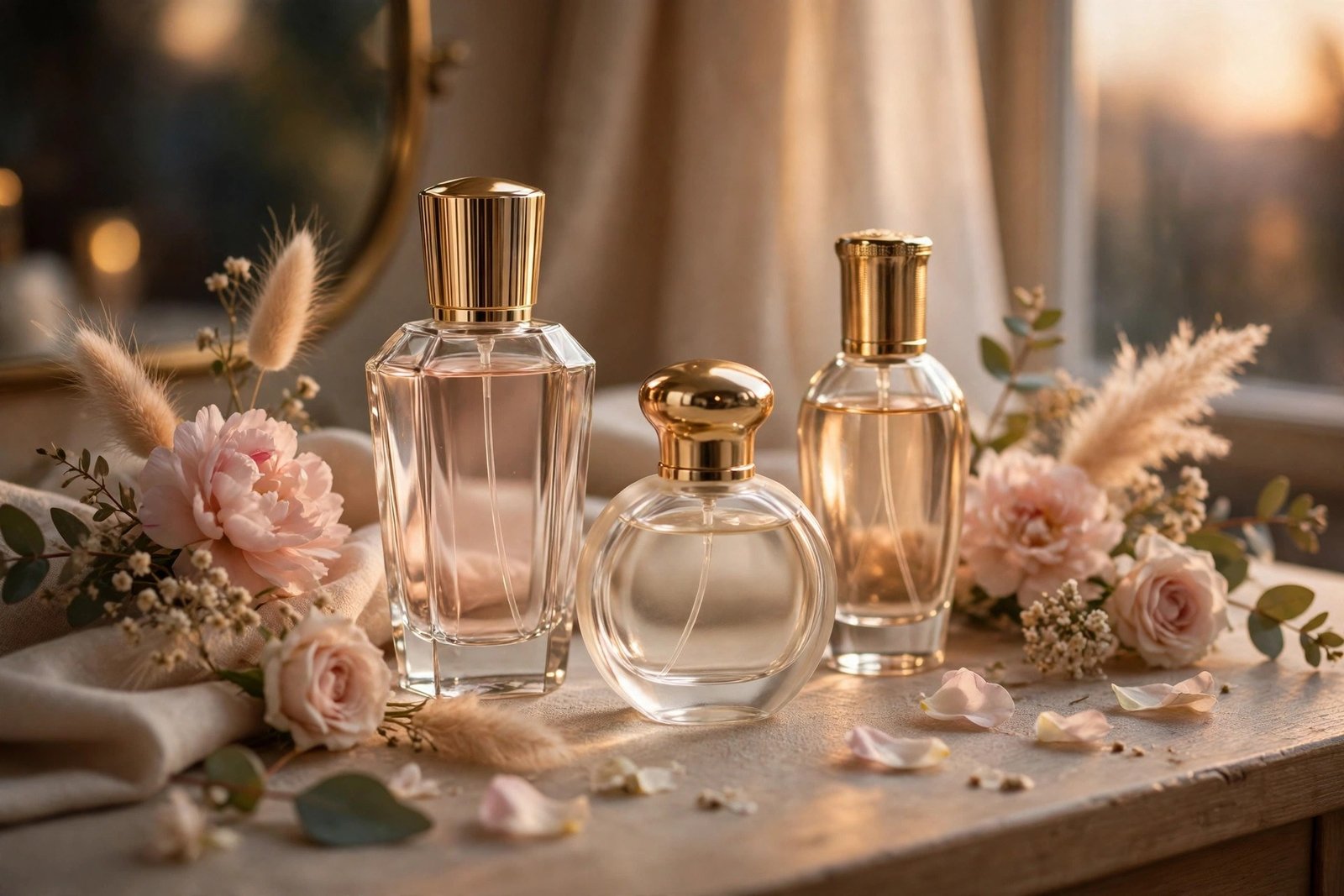 Elegant women's perfume bottles on a dressing table with soft flowers and warm evening light